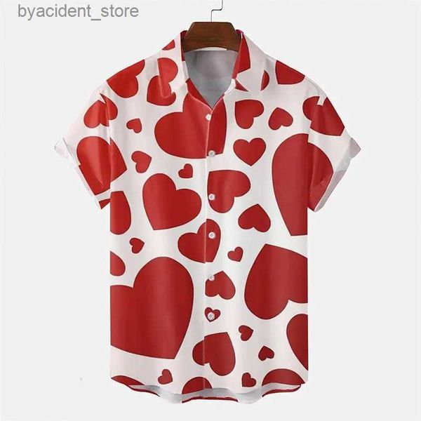 Camisas casuais masculinas Camisa masculina em forma de coração data feriado primavera / verão camisa de manga curta botão impresso roupas design de moda tropical 5XL L240320