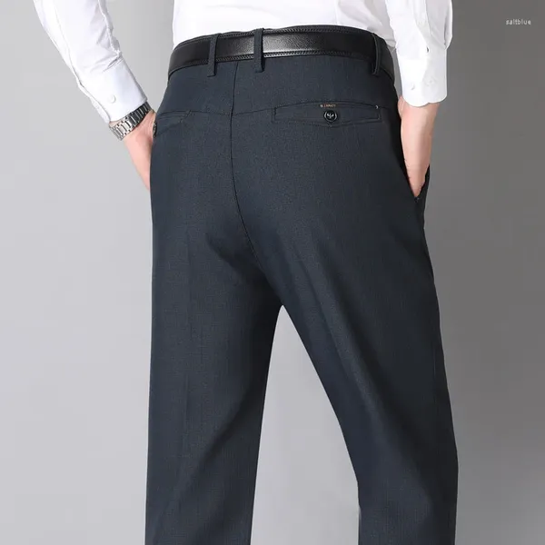Calças masculinas primavera outono bolsos cintura alta botão zíper sólido tubo reto casual terno esportes calças formais senhora do escritório