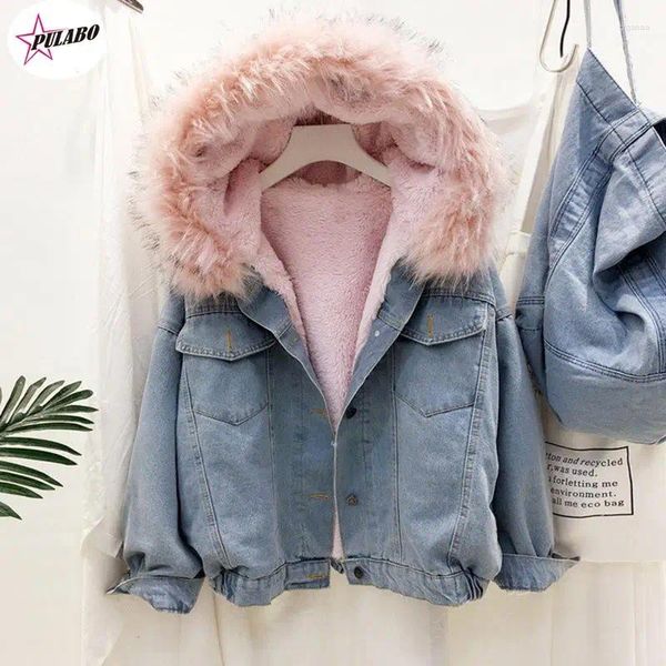 Jaquetas femininas pulabo inverno estilo coreano solto grosso grande gola de pele denim jaqueta feminina quente veludo estudante algodão casaco feminino