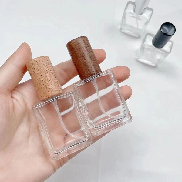 Aufbewahrungsflaschen 15 ml tragbare Reise flache quadratische transparente Parfümzerstäuber feiner Nebel Sprühflasche leeres Glas nachfüllbarer Behälter aus Holz