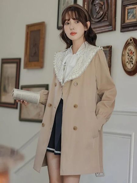 Damenjacken Französisch Hepburn Vintage Windjacke Mantel Frauen Hochwertige Spitze Perlen Mode Khaki Trench Herbst Kleidung Elegant Lässig