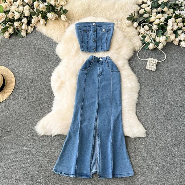 İş elbiseleri vintage kadın denim takım elbise seksi kısa kolsuz tek göğüslü tüp üst ve yüksek bel yarık denizkızı etekler 2pcs set