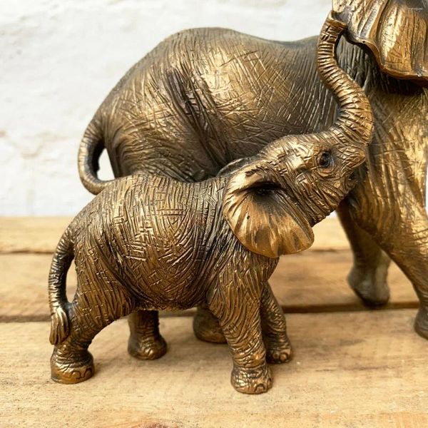 Statuette decorative Bronzo vintage Madre Elefante Bambino Ornamento Scultura Statua Figura