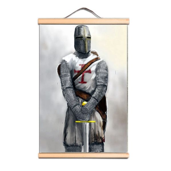 Crusader Armor Warrior Banner suspenso estilo nórdico Arte de parede em tela Fotos Cavaleiros Templários Pôster Pintura em rolagem de madeira Impressão Sala de estar Decoração de casa LZ01