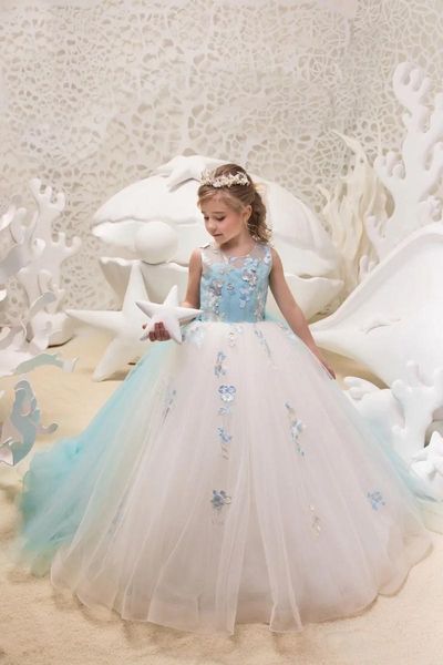 Abiti da ragazza Moda Avorio Turchese Fiore Applicazioni lunghe Compleanno Matrimonio Festa Tulle Abito da comunione formale senza maniche