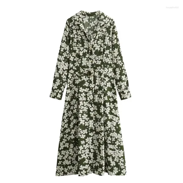 Vestidos casuais traf impressão floral vestido mulher vintage midi camisa primavera 2024 cinto elegante longo para mulheres manga festa