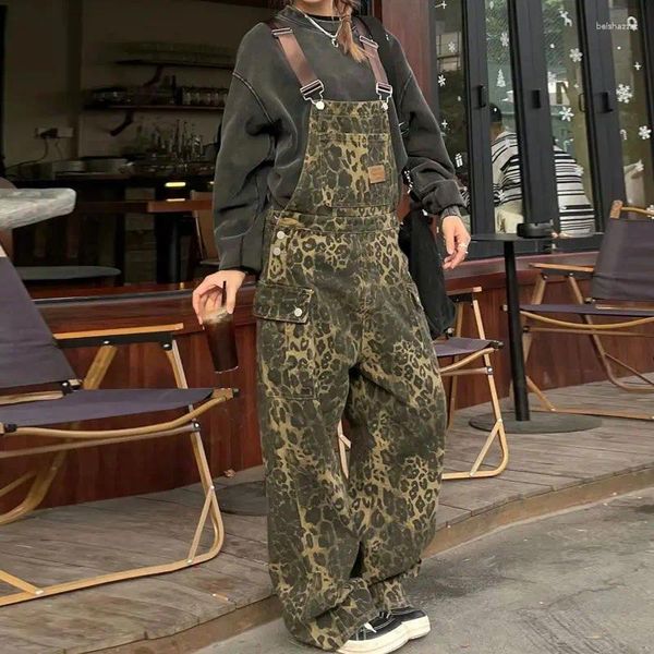 Jeans femininos 2024 primavera tendência único leopardo impressão bib calças retro rua hip hop roupas macacão unisex multi-bolso trabalho