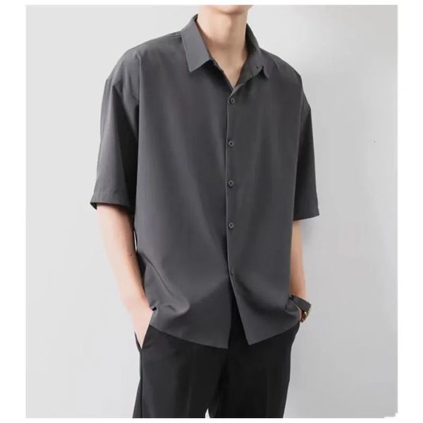 Homens premium camisa de seda gelo primavera verão fino luxo solto camisa de negócios coreano sólido na moda plissado drapeado camisa jaqueta b0142 240320