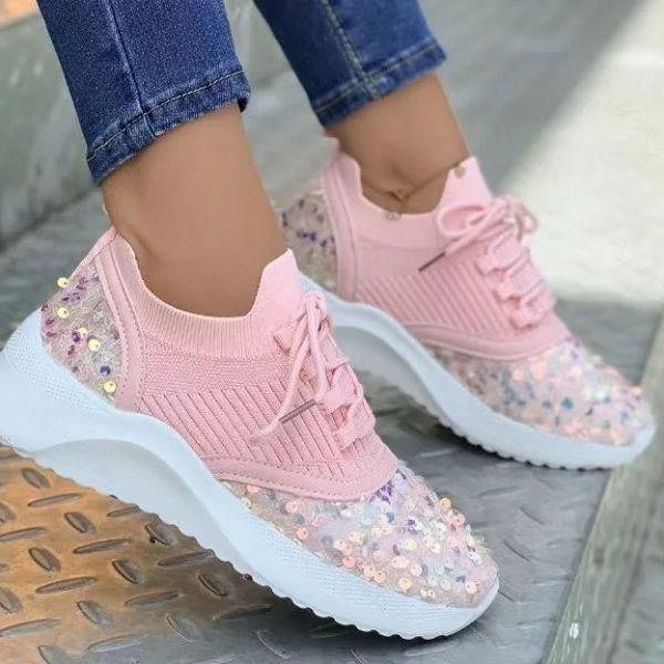 Sapatos Mulheres Casual Glitter Shoes Novos 2024 Sênis de lantejoulas Moda Moda Lacing Tamanho Grande 43 Tênis Esportivo ao Ar Livre Zapatillas