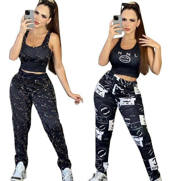 Frühling Neue Damen Luxus Print Trainingsanzüge Mode Sexy Sportswear Designer Mädchen Ärmelloses Tank Top Schlank Jogging Hosen Yoga Fitness Zwei Stück Set