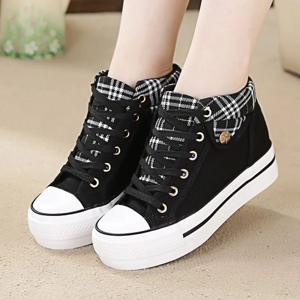 Schuhe Marke Frauen Freizeitschuhe Flat Plattform Keile Frau Leinwand Schuhe Schnürung Frauen Sneaker versteckte Absatz Frühling Herbst Denim Schuhe