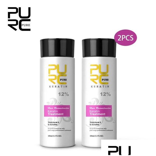 Tratamentos de salão de cabeleireiro Purc 2 Pcs Tratamento de Queratina 100Ml 12% Reparação de Formalina Danificado Alisamento Suave Alisamento Cuidados Drop Delivery Pr Oti1K