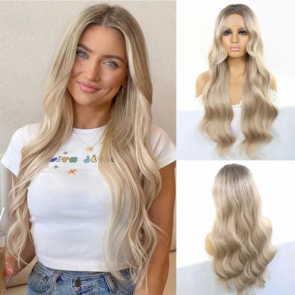 Perücken Ombre Ash Blonde Lace Front Perücken für Frauen Welle gewellt farbige 13x3 dunkle Wurzeln leimlose synthetische Perücke für den täglichen Gebrauch