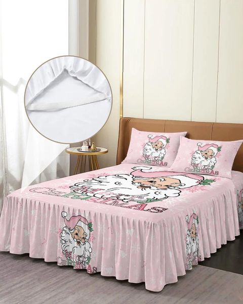 Saia de cama natal papai noel floco de neve rosa elástico colcha com fronhas capa de colchão conjunto de cama folha