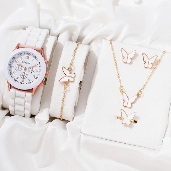 Armbanduhren Luxusuhr Damen Halskette Ohrringe Armband Set Uhren Schmetterling Silikonarmband Damen Quarz Armbanduhr Keine Box
