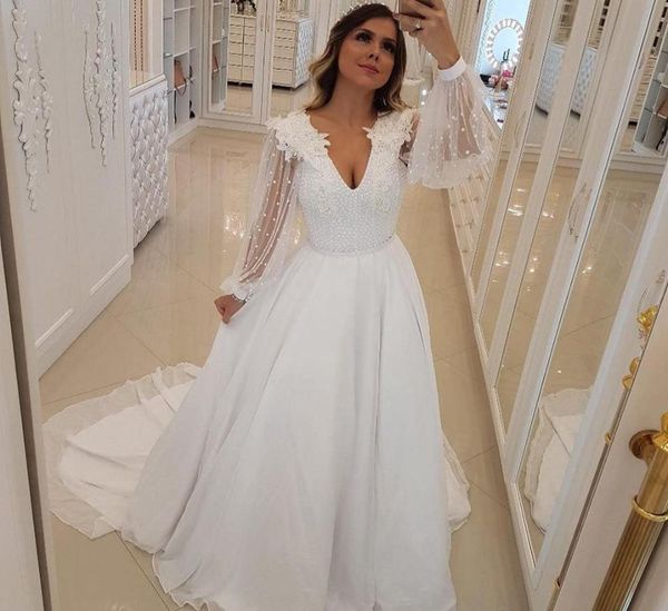 Barato mangas compridas vestido de casamento uma linha apliques frisado boho país jardim igreja formal vestido de noiva feito sob encomenda mais size6663028