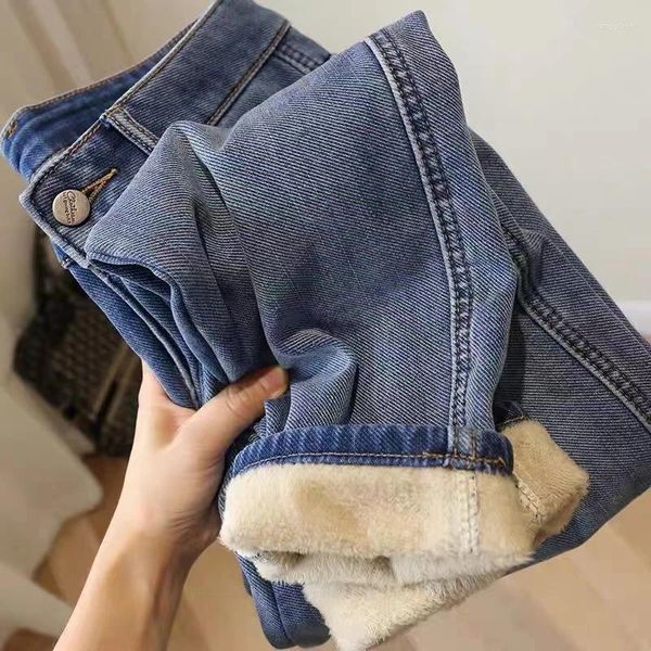 Женские джинсы S-5XL, синие женские утепленные зимние плюшевые теплые джинсовые брюки, джинсовые шаровары большого размера, женские свободные повседневные брюки