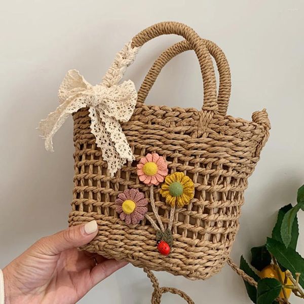 Bolsa de mão tecida praia com laço laço rattan tecelagem feminina pequena bolsa verão retro tricô sling bolsas senhoras ombro