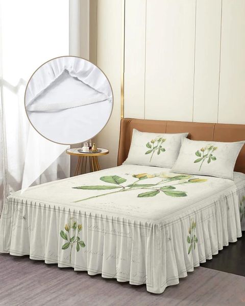 Yatak etek Vintage Country Bitki Beyaz Gül Çiçeği Elastik Elastik Yatak Yatak Kilitli Yatak Kapağı Yatak Seti Sayfası
