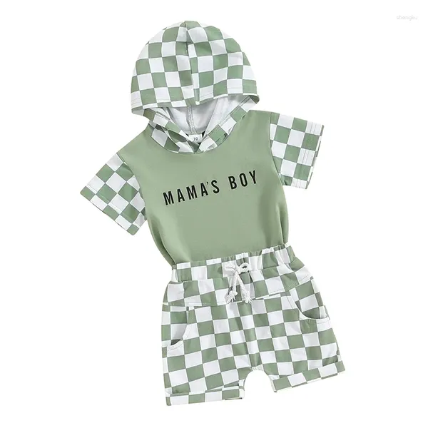 Kleidungssets Baby Boy Sommerkleidung Mamas Kurzarm Kapuzenshirt Tops Schachbrett Shorts Säugling Kleinkind Set