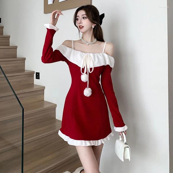 Повседневные платья 2024, весеннее женское сексуальное стильное вечернее платье с цветочным принтом на одно плечо и длинным рукавом, красная вязаная юбка, рождественская одежда