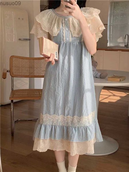 Roupas em casa Claid Plaid Princess Dress Flying Dress Sweet Spring/Summer Dress Womens coreano Kawaii Casual confortável de pijamasl2403