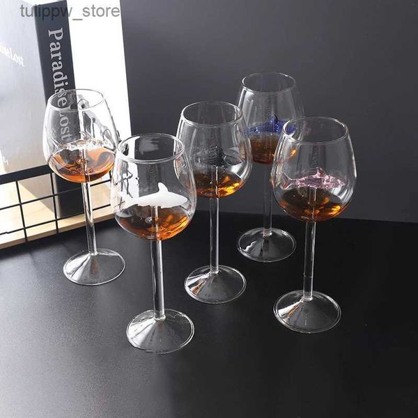 Copos de vinho criativo vidro de cristal 3d tubarão vidro golfinho copos de vinho tinto cocktail vidro 3d família bar hotel vinho conjunto l240323