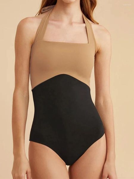 Damen-Bademode, Damen-Strampler-Badeanzug, 1-teilig, Kontrastfarbe, ärmellos, Neckholder, rückenfrei, Bodysuit, Badeanzüge, Sommer-Bikini