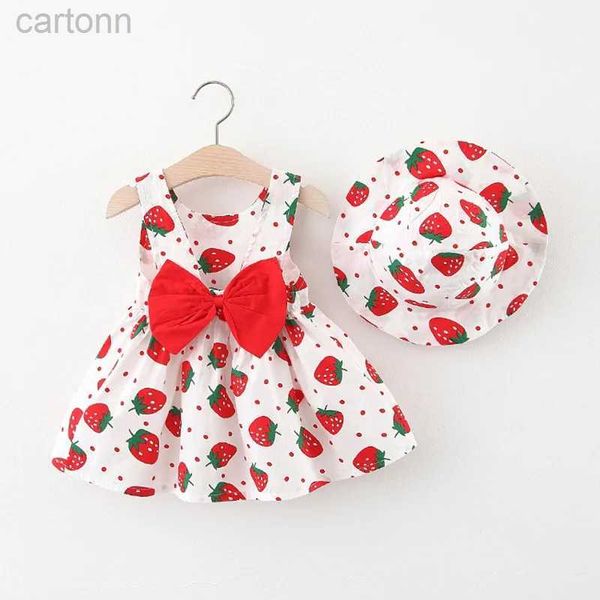 Abiti da ragazza Abito da bambina con cappello Set di abbigliamento in 2 pezzi stampa fragola abbigliamento per bambini senza maniche abito da principessa per festa di compleanno 24323