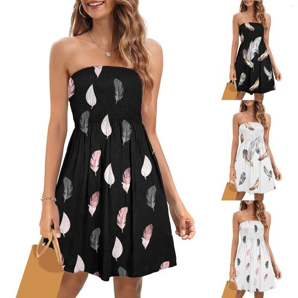 Vestidos Casuais Mulheres Verão Strapless Mini Gradiente Smocked Beach Tube Top Dress Cover Ups para Swimwear Floral Sundresses