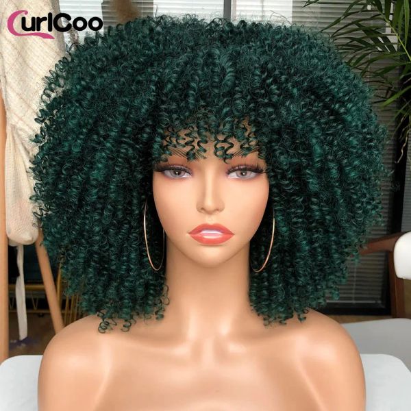 Парики 14 дюймов, короткие волосы, афро-кудрявые вьющиеся парики с челкой для чернокожих женщин, блондинка, синий, синтетический омбре, натуральный бесклеевой парик Лолиты для косплея