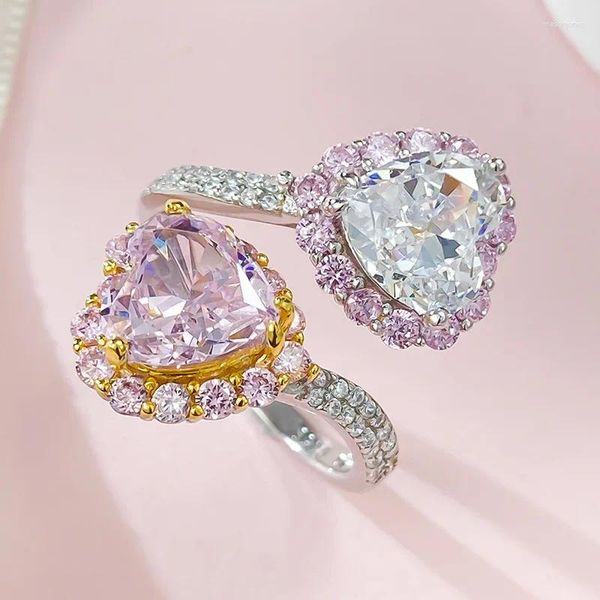 Anéis de cluster amantes coração moissanite diamante anel real 925 prata esterlina festa de casamento banda para mulheres nupcial jóias de noivado