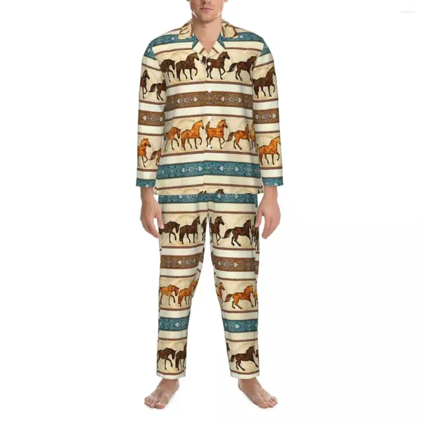 Homens sleepwear pijamas homens vintage cavalo sono animal impressão 2 peças pijama conjunto de mangas compridas romântico oversize casa terno