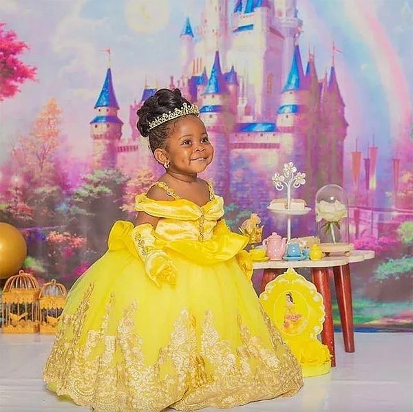 Vestido de baile amarelo vestidos de menina de flor com apliques de renda vestido de concurso de meninas crianças forma vestidos de aniversário para sessão de fotos