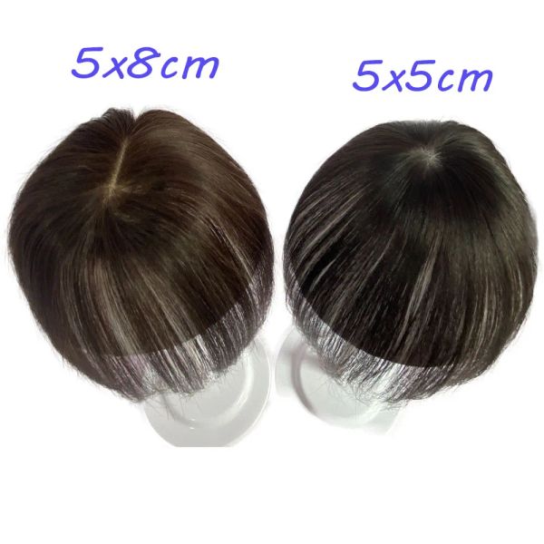 Toppers 5x8cm Base di seta Virgin Human Hair Mini Topper Women Toupee con 2 clips Cuor capelluto Natura