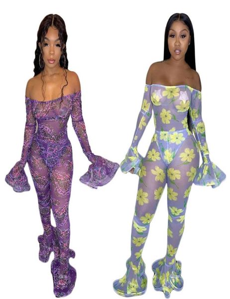 Mulheres Sexy Club Catsuits Malha Macacões Estampa Floral Flores Totem Zip Up Manga Longa Flare Pant Sheer Bodycon Macacão Yel4954141