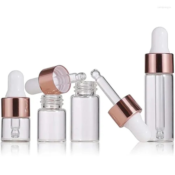 Frascos de armazenamento 30 peças, vidro transparente, frasco de amostra de óleo essencial, frascos de perfume, recipientes cosméticos líquidos, conta-gotas com tampas de ouro rosa