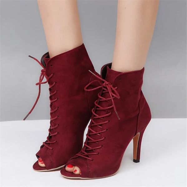 Botas comemore o dedo do pé aberto Botas de verão femininas estilo romano Boots de outono de boots de camurça de camurça altos botas de salto alto 3443