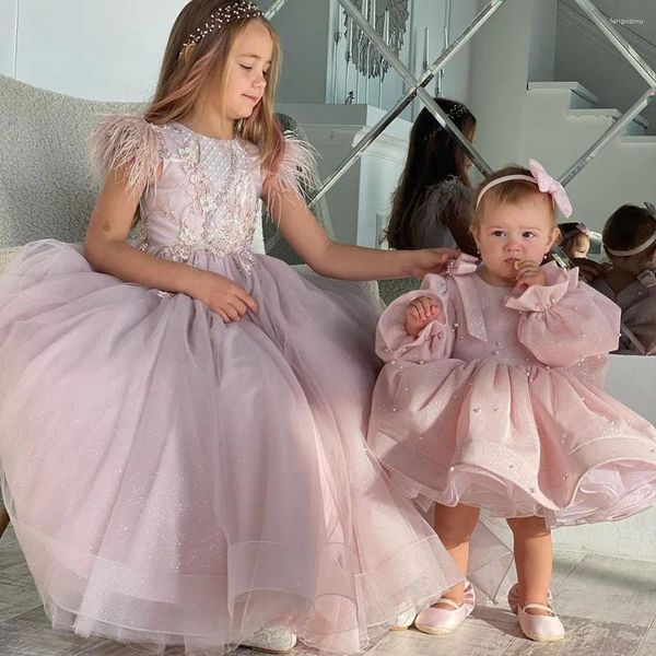 Mädchen Kleider Rosa Glänzendes Blumenkleid Für Hochzeit Perlen Volle Ärmel Schleife Puffy Baby Kinder Geburtstag Erstkommunion Party Ballkleid