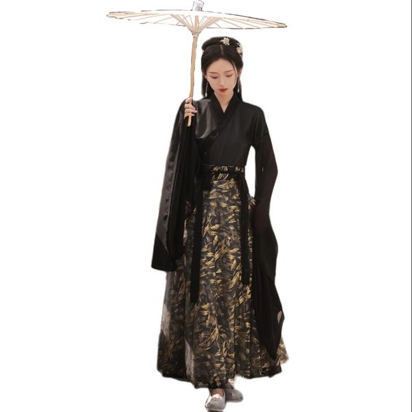 Hanfu dans sahne giymek cosplay giyim kadınları antik tarzı Çin kostümü siyah klasik oryantal elbise