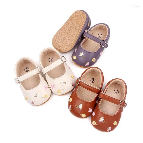 Primeiros caminhantes bebê meninas mary jane apartamentos pu couro casual moda doce vestido infantil sapatos sólidos bordados florais maca princesa