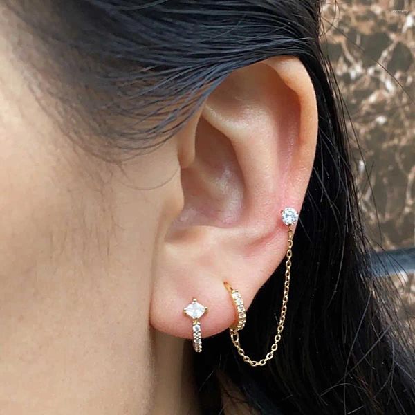 Brincos de parafuso prisioneiro 1 pc aço inoxidável cristal cz borla corrente studs feminino duplo furo piercing simples versátil jóias femininas