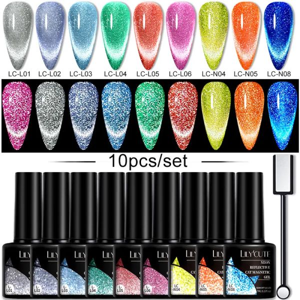 Kits LILYCUTE 10 PÇS/SET Gel Unha Polonês Luminosa Reflexivo Gato Gel Magnético Com Vara Magnética Brilho No Escuro Nail Art UV Gel kit