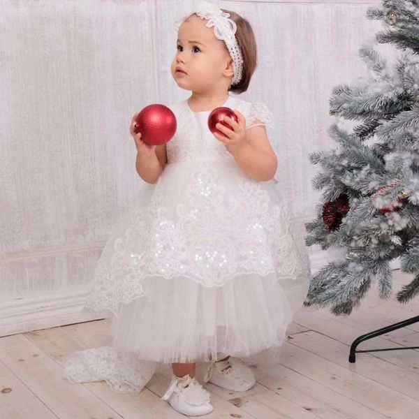 Vestidos de menina bebê tule branco inchado padrão apliques lantejoulas com cauda manga curta para casamento aniversário primeira comunhão vestidos