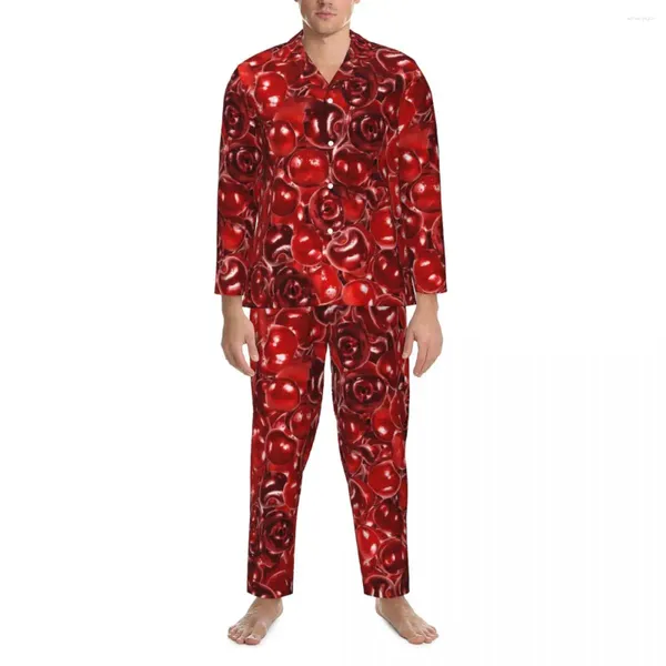 Pijamas masculinos cerejas doces outono fruta impressão casual oversized pijama conjunto masculino manga longa bonito macio lazer personalizado nightwear