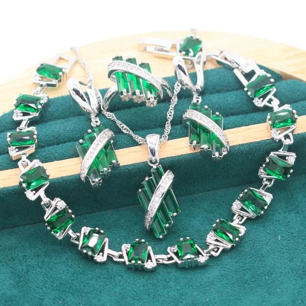 Imposta set di gioielli in argento 925 con topazio verde geometrico per donne, braccialetto di compleanno, orecchini, anello, collana di nozze, confezione regalo gratuita di Natale