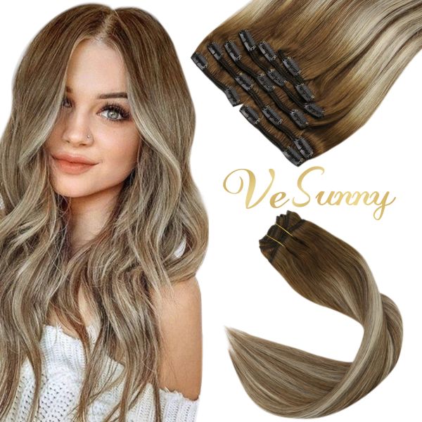 Extensions VeSunny Clip-in-Haarverlängerung mit doppeltem Schuss, echtes Echthaar, 7 Stück, 120 g, Clip-Haar, Balayage, Mittelbraun, Highlights, Blond, Toupet