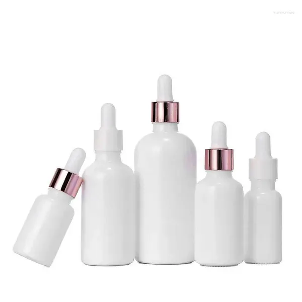 Bottiglie di stoccaggio 15 fiale contagocce in vetro bianco perla Anello superiore in oro rosa Bottiglia vuota di ricarica per olio essenziale 10 ml 15 ml 20 ml 30 ml 50 ml 100 ml