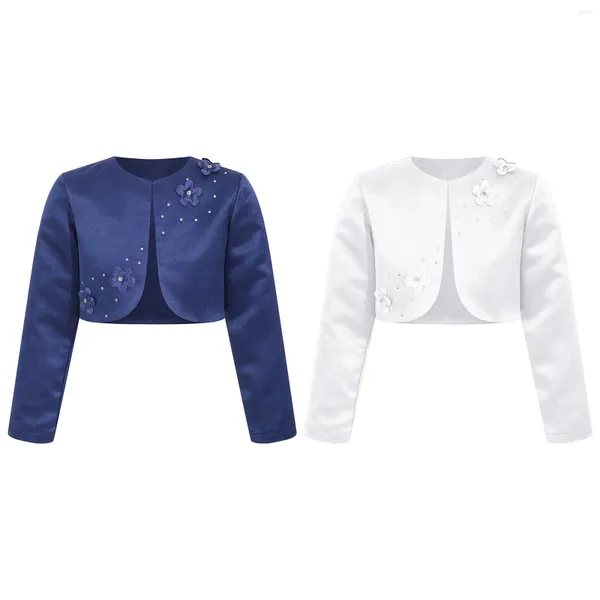 Jaquetas crianças meninas festa formal cetim bolero casaco jaqueta requintado strass applique manga longa cardigan vestido de casamento capa encolher