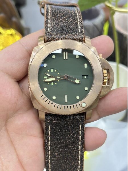 Pm orologi da uomo 47mm 00382 Sompibile di riserva di alimentazione in bronzo alligatore cinghia di pelle rosa trasparente uomo automatico meccanico Guarda orologi da polso p382